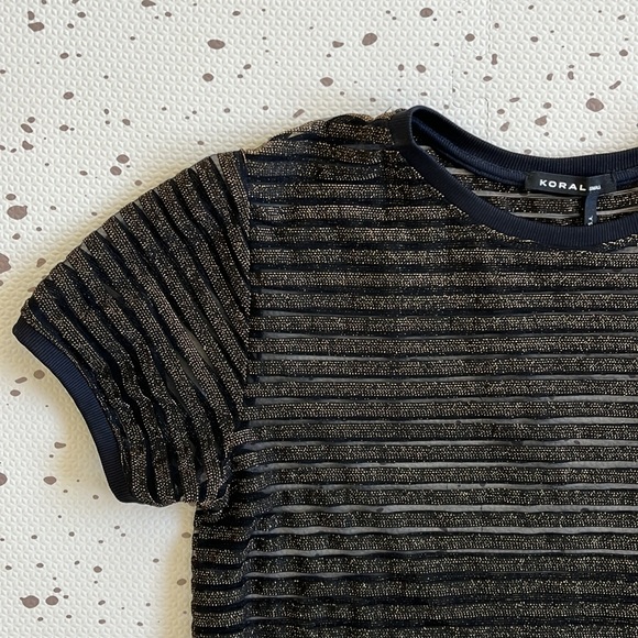 💘 KORAL - BLACK & GOLD STRIPE TERRAIN DISCONNECT SHEER MESH CROP TOP - Picture 1 of 8